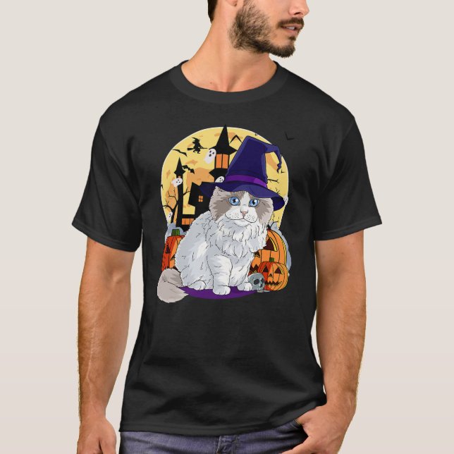 Cute Ragdoll Cat Halloween Witch Pumpkin T-Shirt (Front)