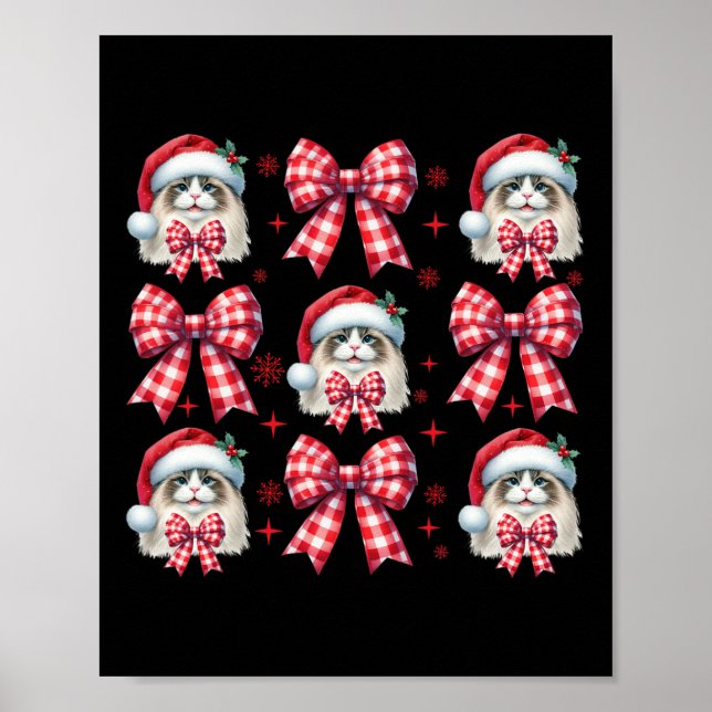 Cute Ragdoll Cat Red Plaid Coquette Bow Christmas  Poster (Front)