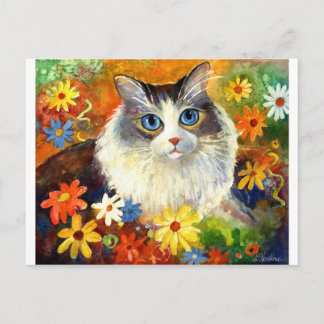 Cute Ragdoll Cat with flowers Postcard