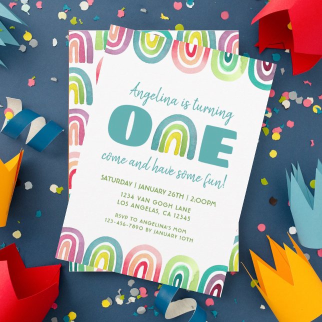 Cute Rainbow 1st Birthday Party Watercolor Invitation (Creator Uploaded)
