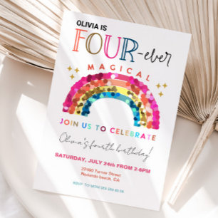 Cute Rainbow 4th birthday FOUR ever Magical  Invitation