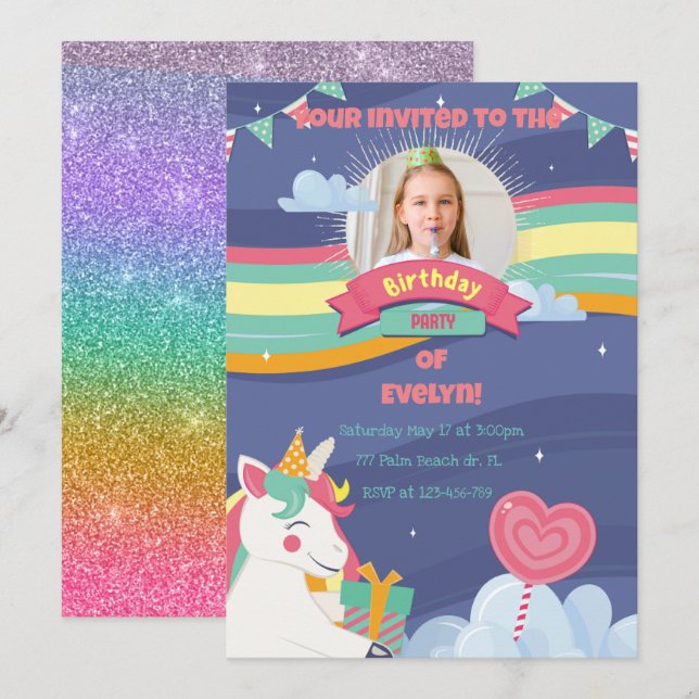 Cute Rainbow Add Photo Unicorn Birthday Invitation (Front/Back)