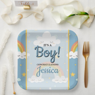 Cute Rainbow and Sleeping Cloud Baby Shower Paper Plate