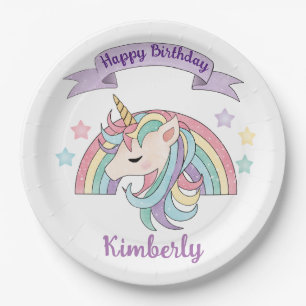 Cute Rainbow and Sparkly Unicorn Birthday Party Paper Plate
