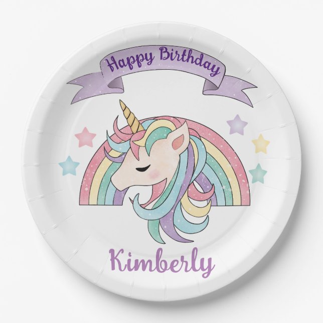 Cute Rainbow and Sparkly Unicorn Birthday Party Paper Plate (Front)