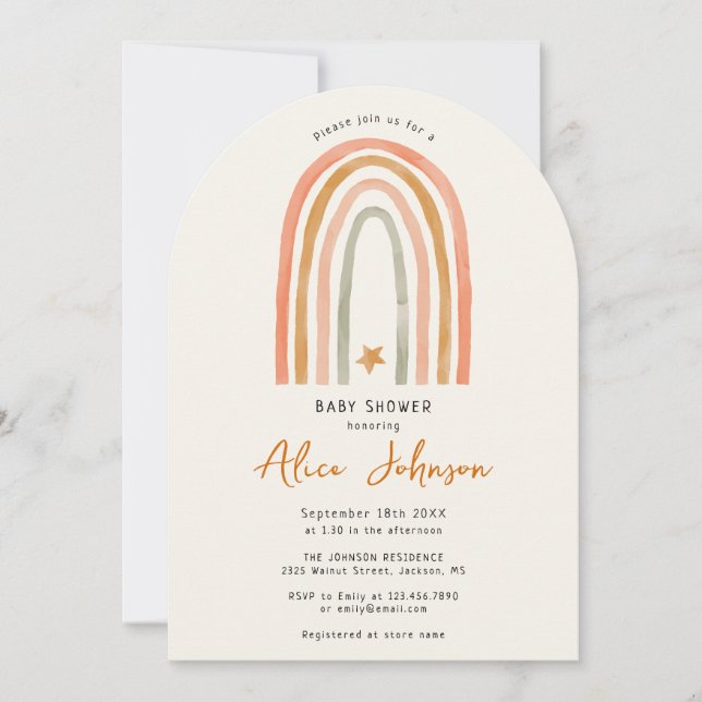 Cute Rainbow And Star Boho Baby Shower Arched Invitation (Front)