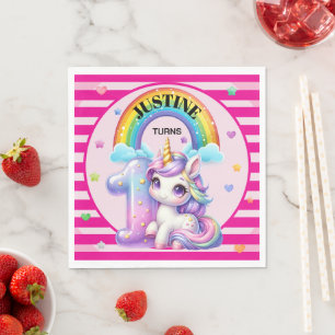 Cute Rainbow and Unicorn 1st Birthday Napkin