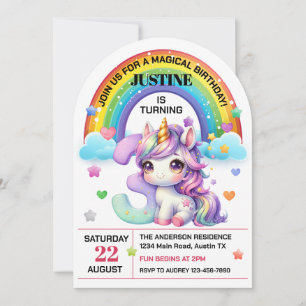 Cute Rainbow and Unicorn 3rd Birthday Party Invitation