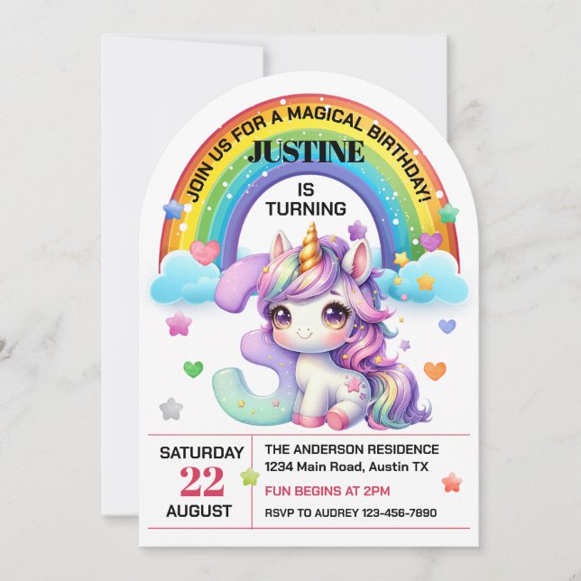 Cute Rainbow and Unicorn 3rd Birthday Party Invitation (Front)