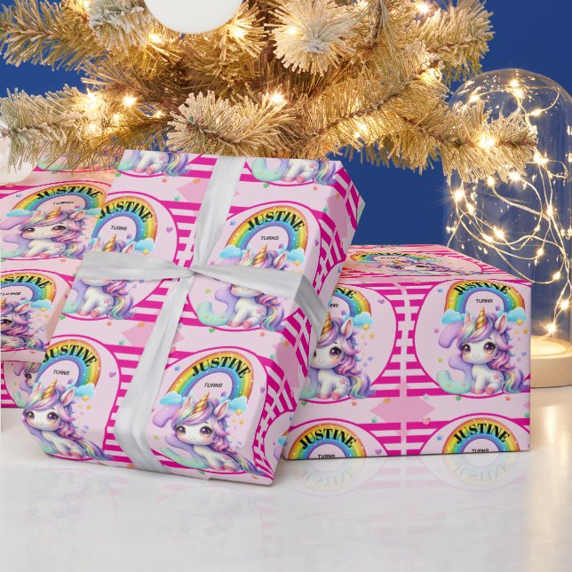 Cute Rainbow and Unicorn 3rd Birthday Wrapping Paper (Holidays)