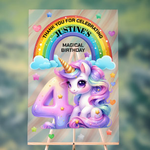 Cute Rainbow and Unicorn 4th Birthday Party Acrylic Sign
