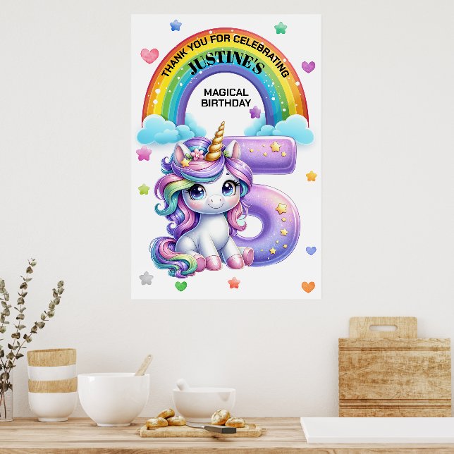 Cute Rainbow and Unicorn 5th Birthday Party Poster (Kitchen)