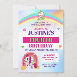 Cute Rainbow and Unicorn Any Age Birthday Party Invitation