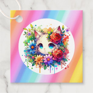 Cute Rainbow Anime Cat Birthday Cake Favour Tags