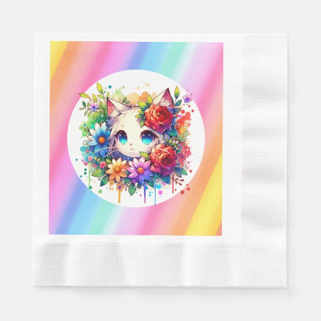 Cute Rainbow Anime Cat Birthday Cake Napkin (Front)