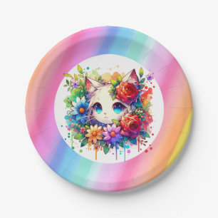 Cute Rainbow Anime Cat Birthday Cake Personalised Paper Plate