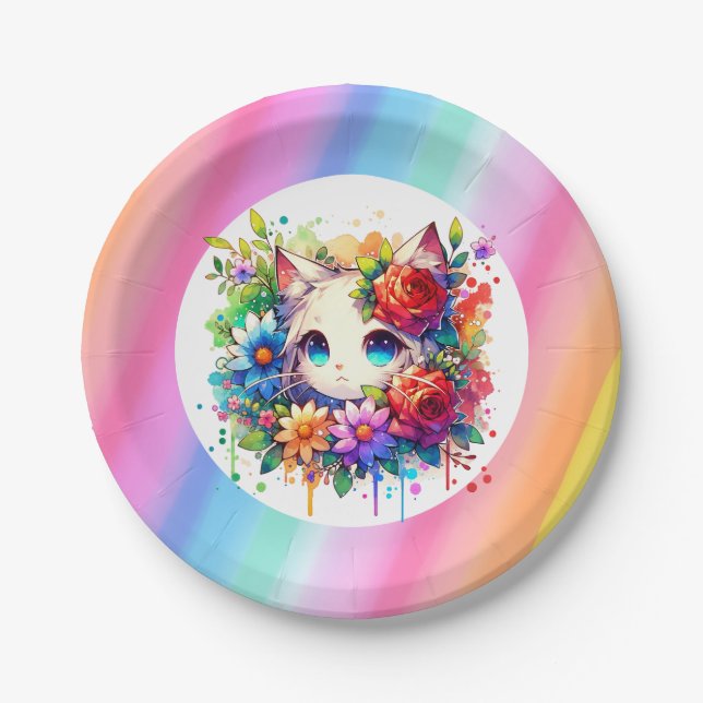 Cute Rainbow Anime Cat Birthday Cake Personalised Paper Plate (Front)