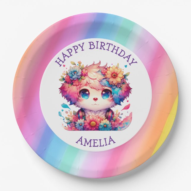 Cute Rainbow Anime Dog Birthday Cake Personalised Paper Plate (Front)