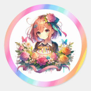 Cute Rainbow Anime Girl Birthday Cake Classic Round Sticker