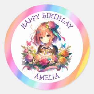 Cute Rainbow Anime Girl Birthday Cake Personalised Classic Round Sticker