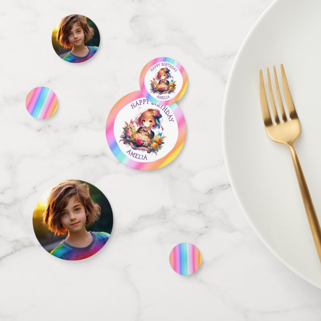 Cute Rainbow Anime Girl Birthday Cake Personalised Confetti (Group)