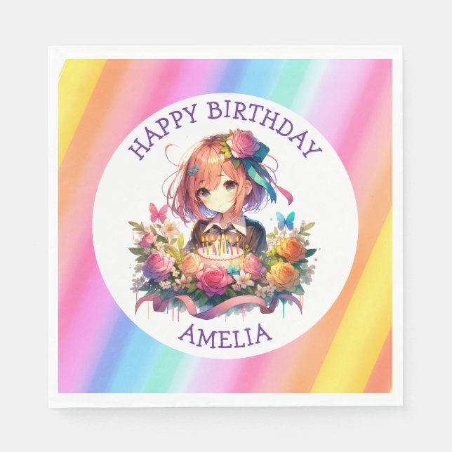 Cute Rainbow Anime Girl Birthday Cake Personalised Napkin (Front)