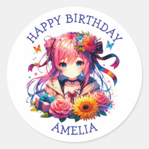 Cute Rainbow Anime Girl Birthday Personalized Classic Round Sticker