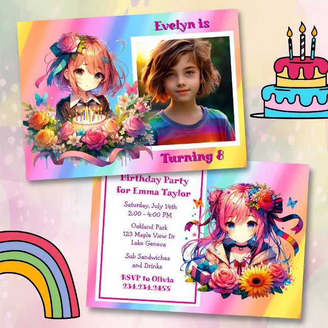 Cute Rainbow Anime Girl's Birthday Party Invitation (Creator Uploaded)