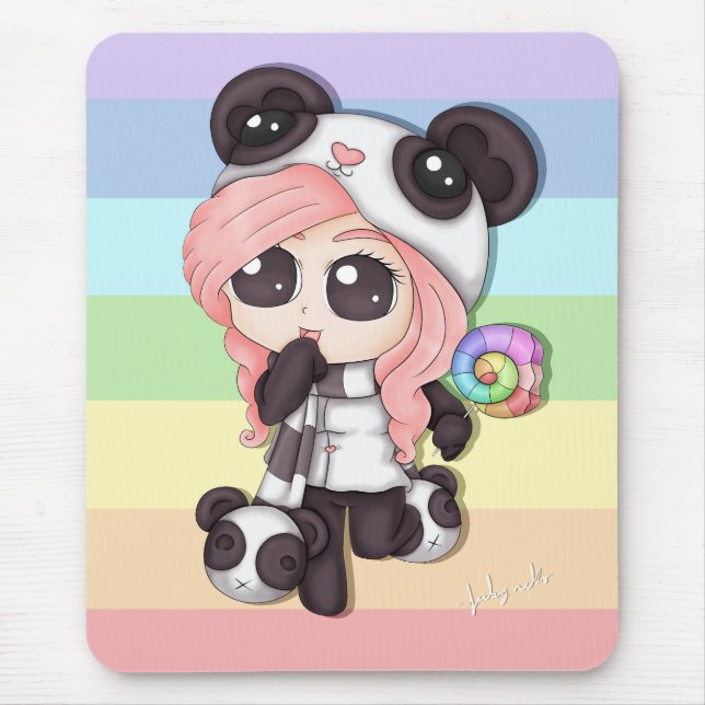 Cute Rainbow Anime Panda Girl Mouse Mat (Front)