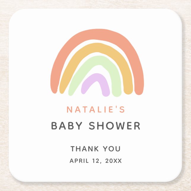 Cute Rainbow Baby Shower Elegant Simple Peach  Square Paper Coaster (Front)