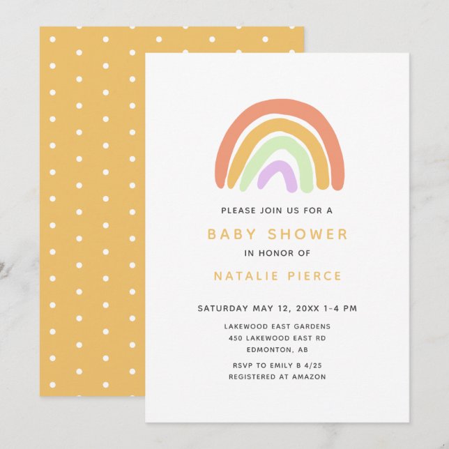 Cute Rainbow Baby Shower Elegant Simple Yellow Invitation (Front/Back)