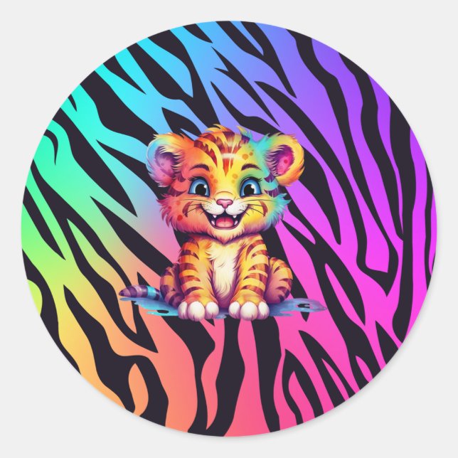 Cute Rainbow Baby Tiger Classic Round Sticker (Front)
