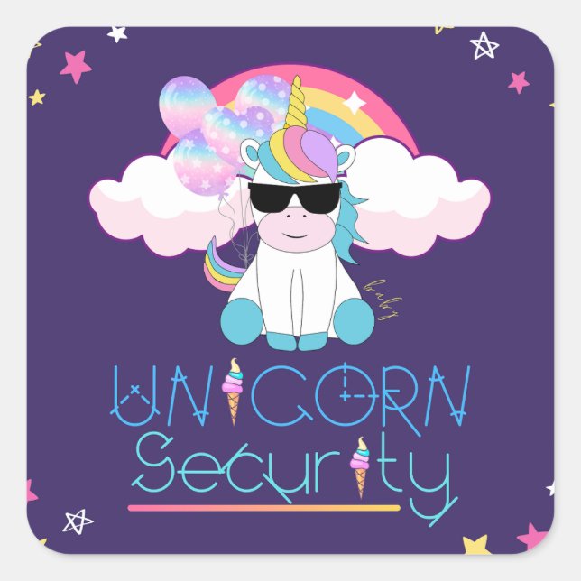 Cute Rainbow Baby Unicorn Security  T-Shirt Napkin Square Sticker (Front)