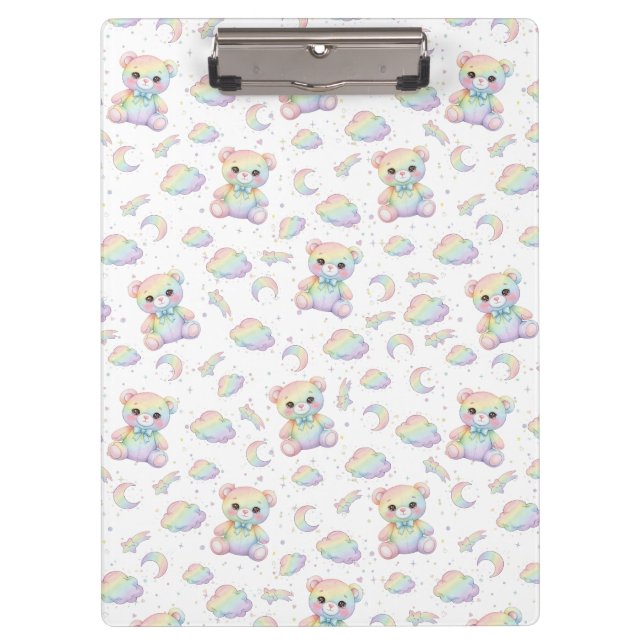 Cute Rainbow Bear and Pastel Clouds Pattern Clipboard (Front)
