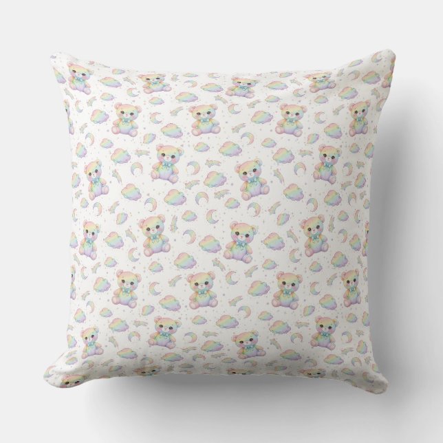 Cute Rainbow Bear and Pastel Clouds Pattern Cushion (Front)