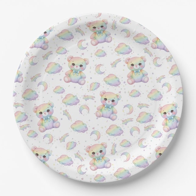 Cute Rainbow Bear and Pastel Clouds Pattern Paper Plate (Front)
