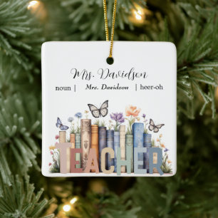 Cute Rainbow Bookshelf & Books Teacher Monogram Ceramic Ornament