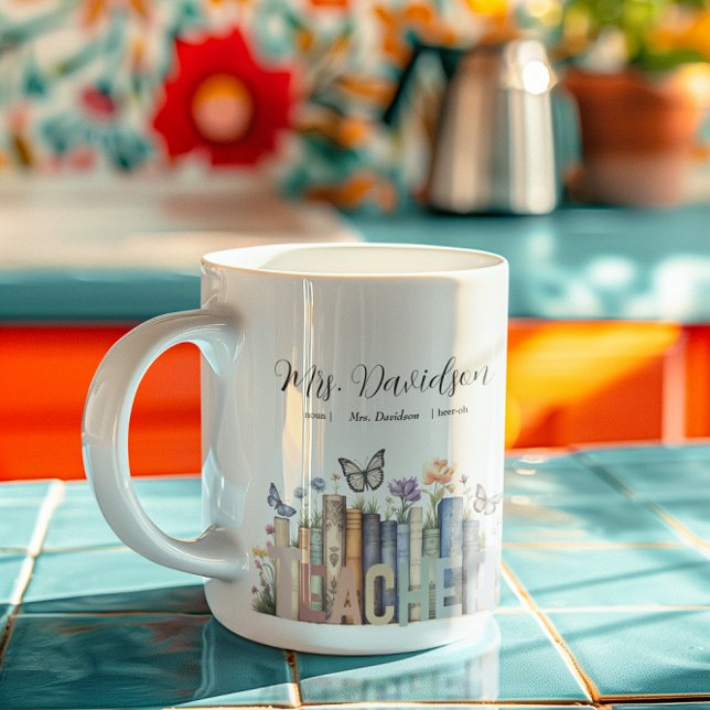 Cute Rainbow Bookshelf & Books Teacher Monogram Coffee Mug (Creator Uploaded)