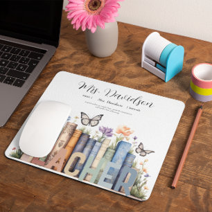 Cute Rainbow Bookshelf & Books Teacher Monogram Mouse Mat