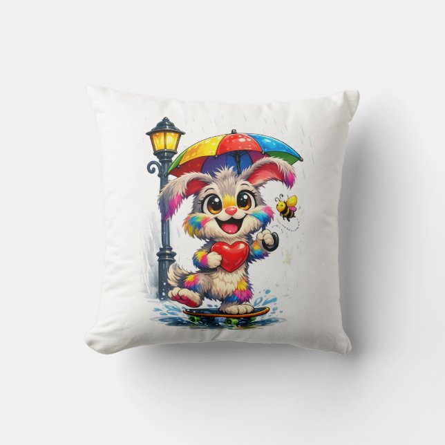 Cute Rainbow Bunny with Umbrella Design Cushion (Front)