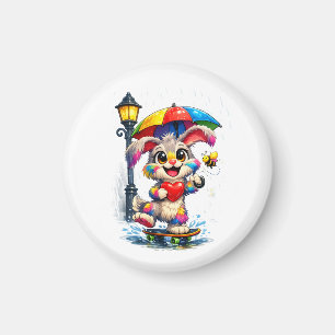 Cute Rainbow Bunny with Umbrella Design Magnet