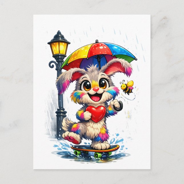 Cute Rainbow Bunny with Umbrella Design Postcard (Front)