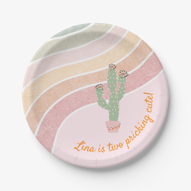 Cute Rainbow Cactus Girls Birthday  Paper Plate (Front)