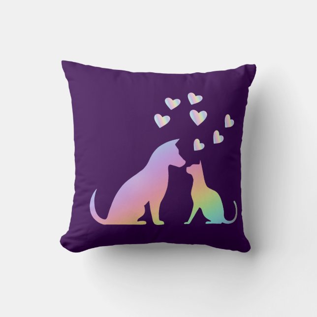 Cute Rainbow Cat and Dog Silhouette Love Purple To Cushion (Front)