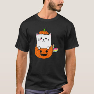 Cute Rainbow Cat Mermaid Halloween Pumpkin Graphi T-Shirt