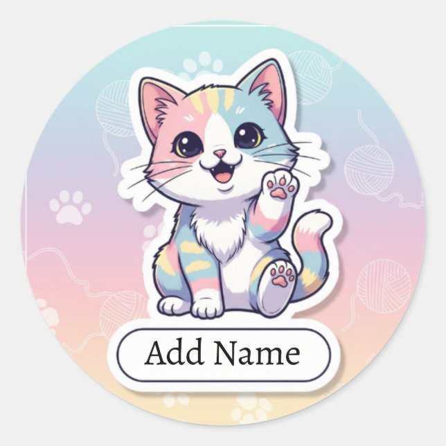 Cute Rainbow Cat Sticker with Custom Name (Front)