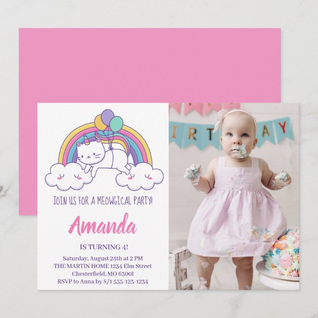 Cute Rainbow Caticorn Birthday Photo Invitation (Front/Back)