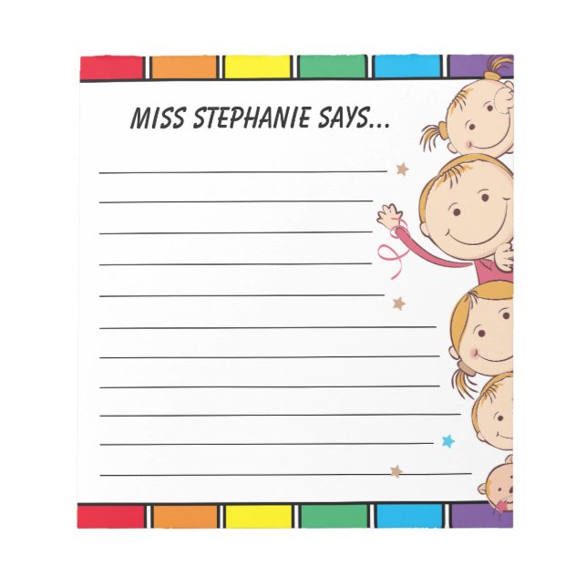 Cute Rainbow Children Waving Lined Teacher Name  Notepad (Front)