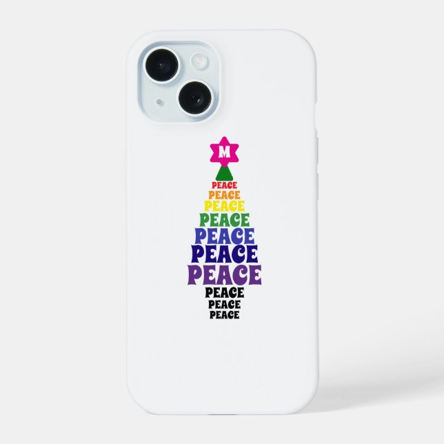 Cute Rainbow Christmas Peace Tree Add Initial iPhone 15 Case (Back)