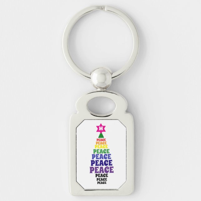 Cute Rainbow Christmas Peace Tree Add Initial Key Ring (Front)